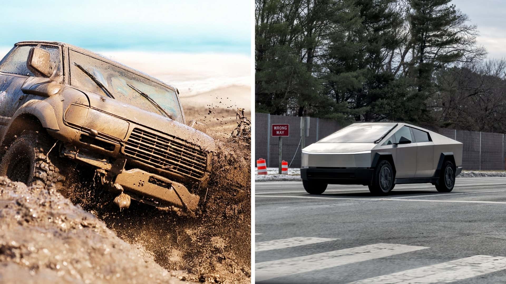 Cybertruck проїжджає повз чоловіка на брудній дорозі, але потім він стикається з проблемами з дверима